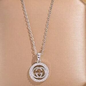 Designer Inspired Double GG Chain Necklace with Simulated Diamonds
